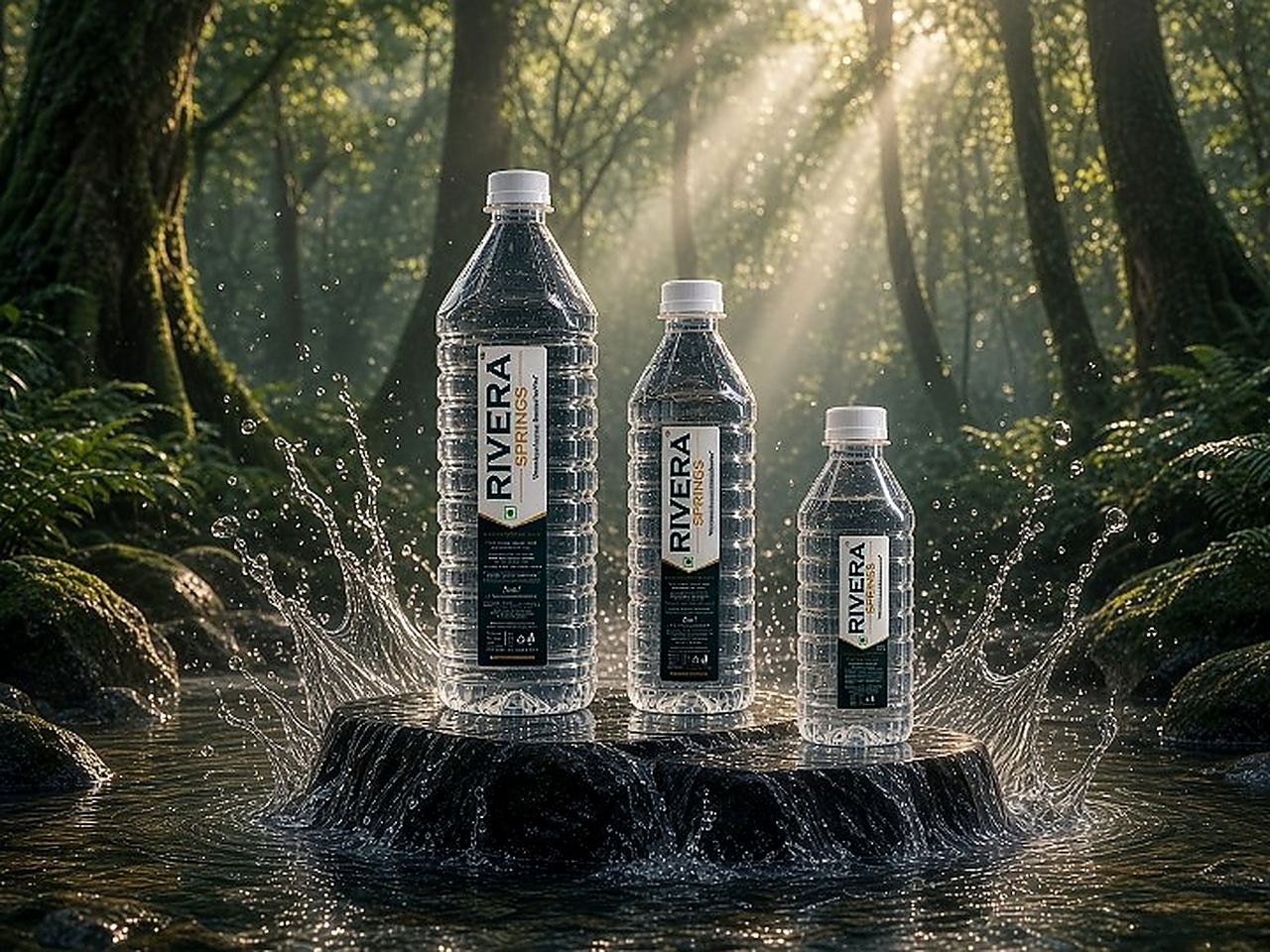 Three Rivera Springs bottles on a stone in a forest stream, lit by morning light