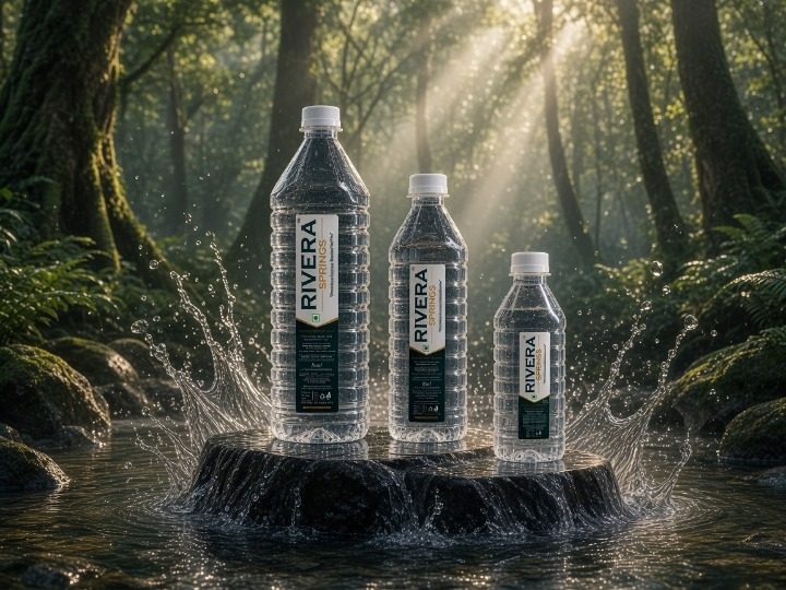 Rivera Springs bottles in a forest waterfall setting