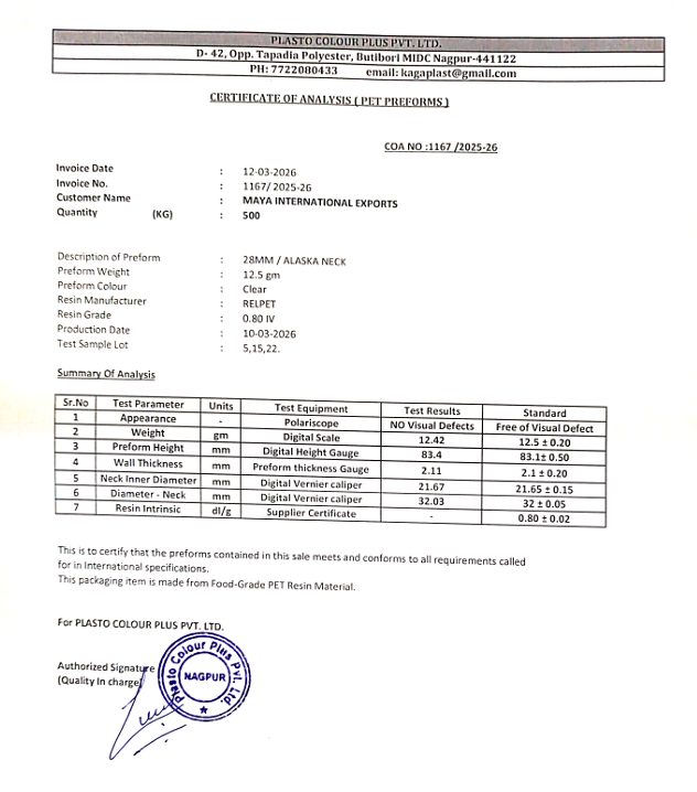 PET Resin Test Certificate — Reliance